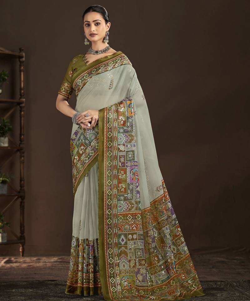 pista   color crepe silk blend fabric designer foil printed saree