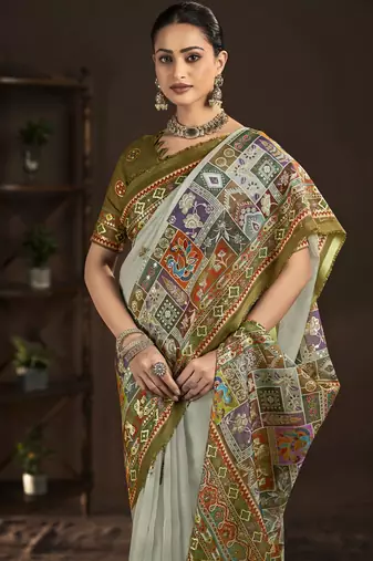 pista crepe silk blend foil printed saree