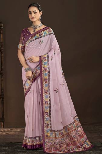 pink color crepe silk blend fabric designer foil printed saree