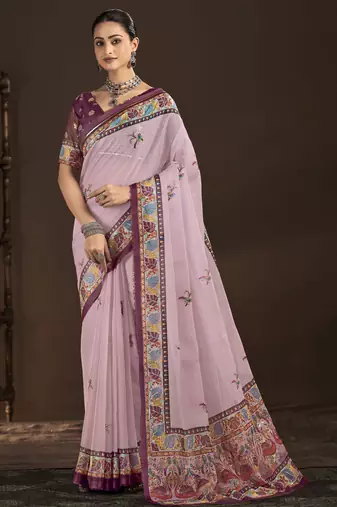 pink color crepe silk blend fabric designer foil printed saree