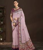 pink color crepe silk blend fabric designer foil printed saree