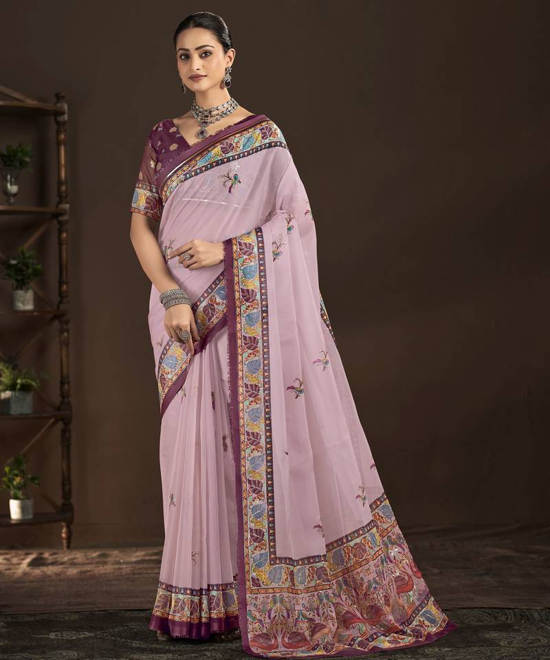pink color crepe silk blend fabric designer foil printed saree