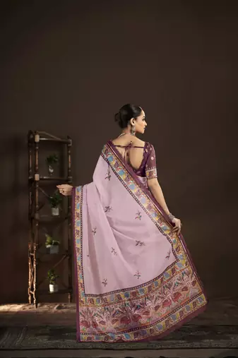 pink crepe silk blend foil printed saree