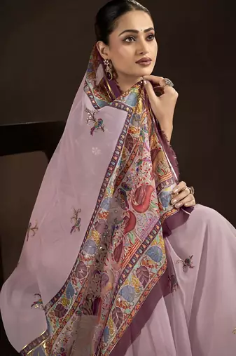 pink crepe silk blend foil printed saree
