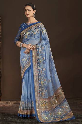 blue color crepe silk blend fabric designer foil printed saree
