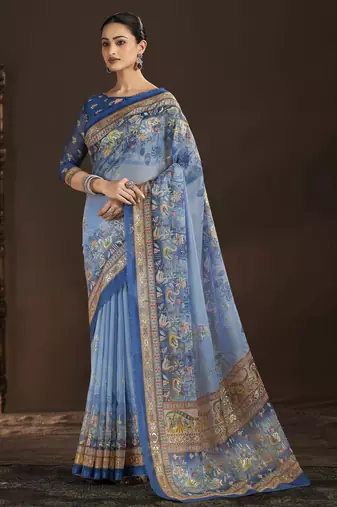 blue color crepe silk blend fabric designer foil printed saree