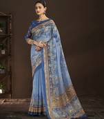 blue color crepe silk blend fabric designer foil printed saree