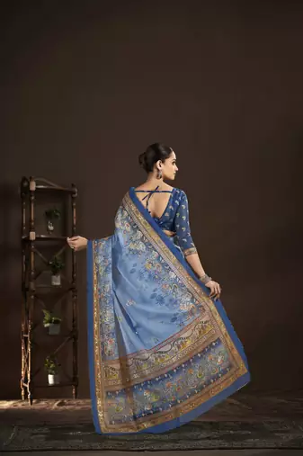 blue crepe silk blend foil printed saree