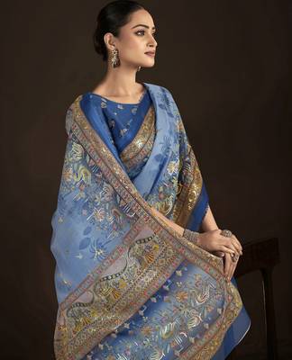 blue crepe silk blend foil printed saree 3