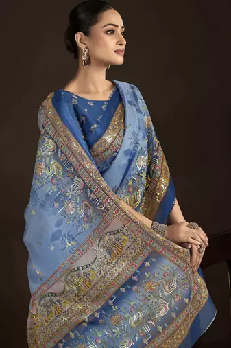 blue crepe silk blend foil printed saree