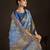 blue color crepe silk blend fabric designer foil printed saree