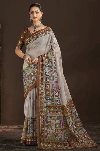 off white color crepe silk blend fabric designer foil printed saree