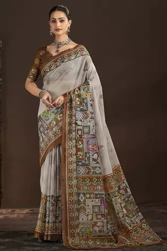 off white color crepe silk blend fabric designer foil printed saree