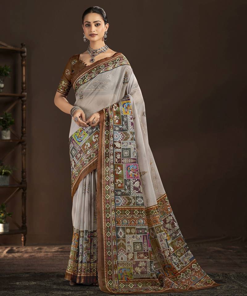 off white color crepe silk blend fabric designer foil printed saree