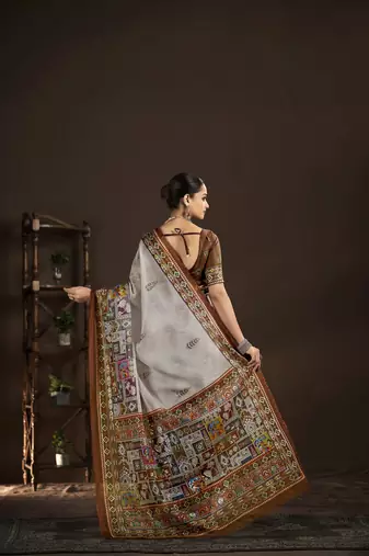 off white crepe silk blend foil printed saree