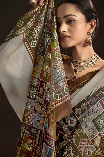 off white crepe silk blend foil printed saree