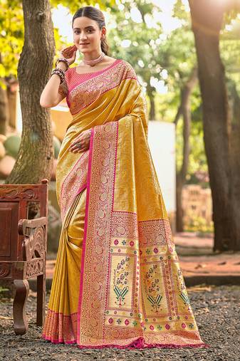 mustard color kanjivaram silk blend ethnic fancy meenakari designer saree