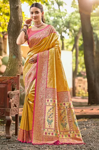 mustard color kanjivaram silk blend ethnic fancy meenakari designer saree
