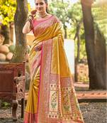 mustard color kanjivaram silk blend ethnic fancy meenakari designer saree