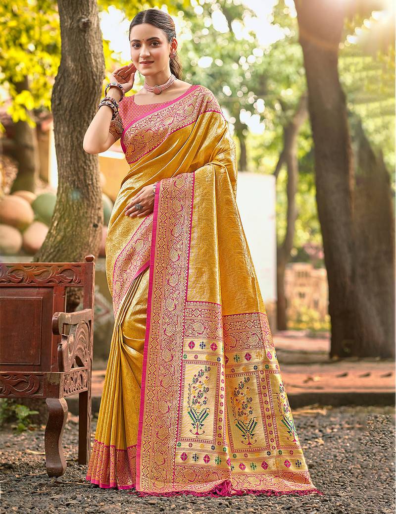 mustard color kanjivaram silk blend ethnic fancy meenakari designer saree
