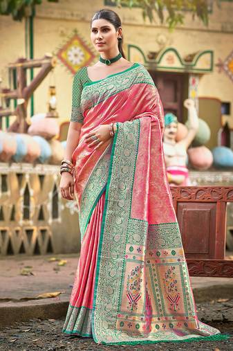 pink color kanjivaram silk blend ethnic fancy meenakari designer saree