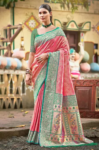 pink color kanjivaram silk blend ethnic fancy meenakari designer saree