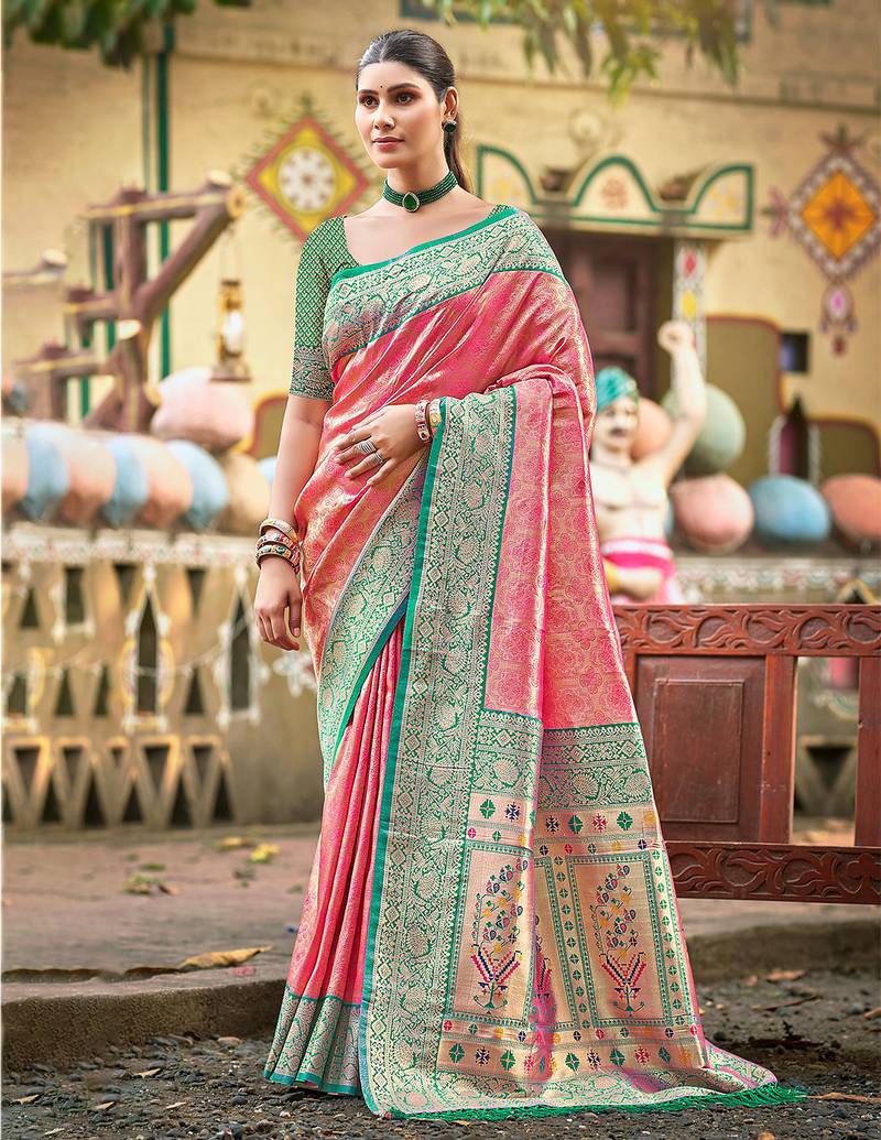 pink color kanjivaram silk blend ethnic fancy meenakari designer saree