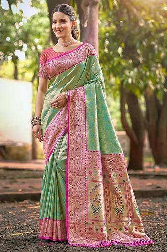 teal color kanjivaram silk blend ethnic fancy meenakari designer saree