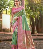 teal color kanjivaram silk blend ethnic fancy meenakari designer saree