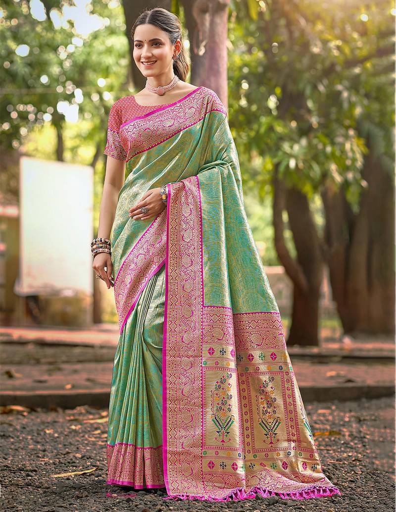 teal color kanjivaram silk blend ethnic fancy meenakari designer saree