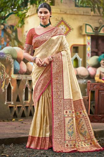beige color kanjivaram silk blend ethnic fancy meenakari designer saree