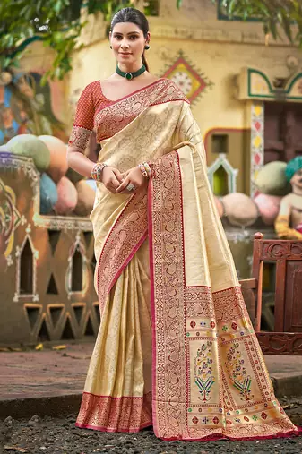 beige color kanjivaram silk blend ethnic fancy meenakari designer saree