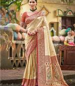 beige color kanjivaram silk blend ethnic fancy meenakari designer saree