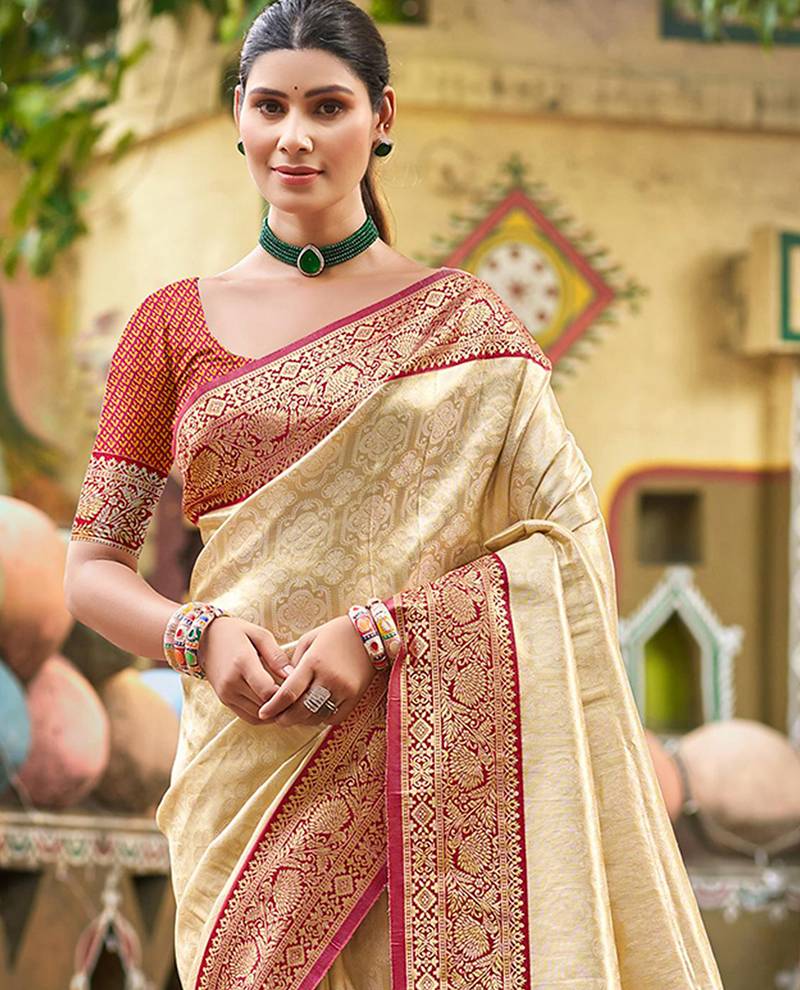 beige color kanjivaram silk blend ethnic fancy meenakari designer saree