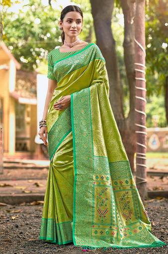 olive color kanjivaram silk blend ethnic fancy meenakari designer saree