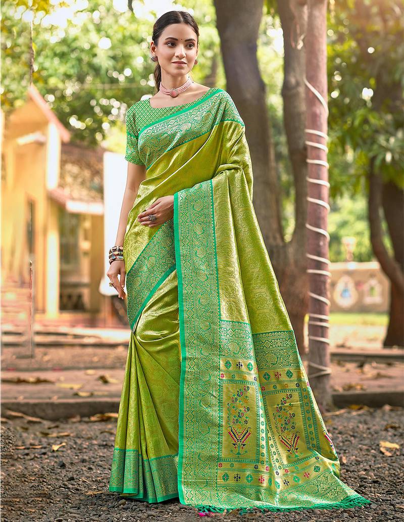 olive color kanjivaram silk blend ethnic fancy meenakari designer saree