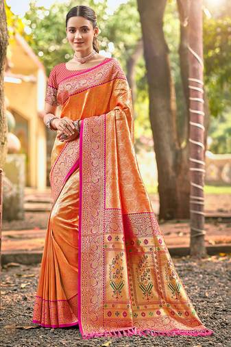 orange color kanjivaram silk blend ethnic fancy meenakari designer saree