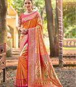 orange color kanjivaram silk blend ethnic fancy meenakari designer saree