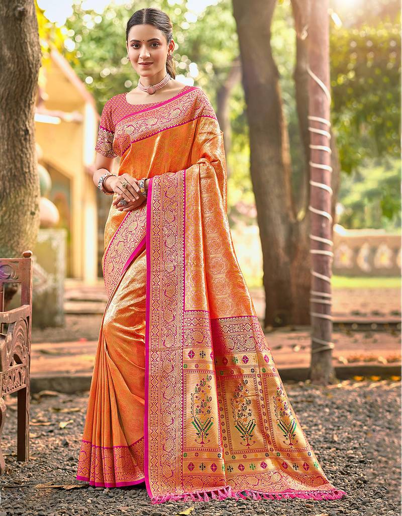 orange color kanjivaram silk blend ethnic fancy meenakari designer saree