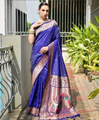 blue faux banarasi silk blend partywear saree 1