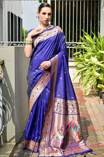 blue color banarasi silk blend fabric designer partywear saree