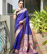 blue color banarasi silk blend fabric designer partywear saree