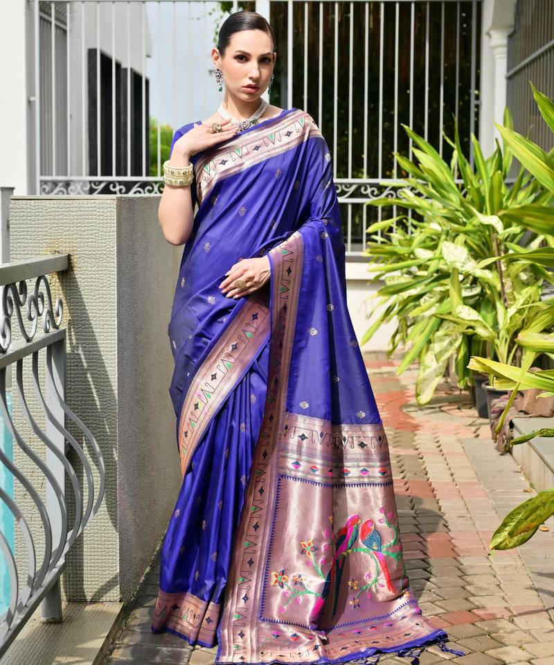 blue color banarasi silk blend fabric designer partywear saree
