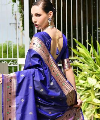 blue faux banarasi silk blend partywear saree 2