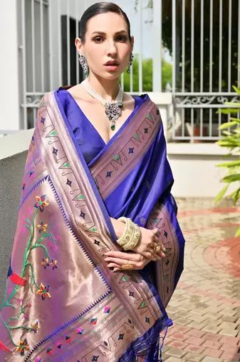 blue faux banarasi silk blend partywear saree