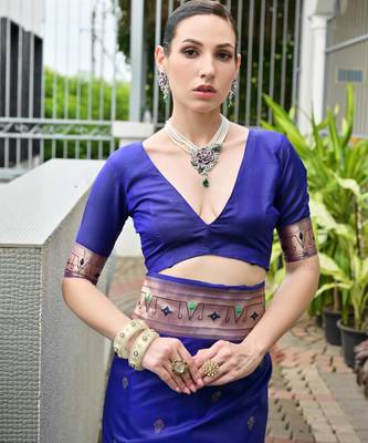 blue faux banarasi silk blend partywear saree 5