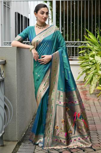 rama color banarasi silk blend fabric designer partywear saree