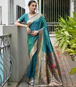 rama color banarasi silk blend fabric designer partywear saree