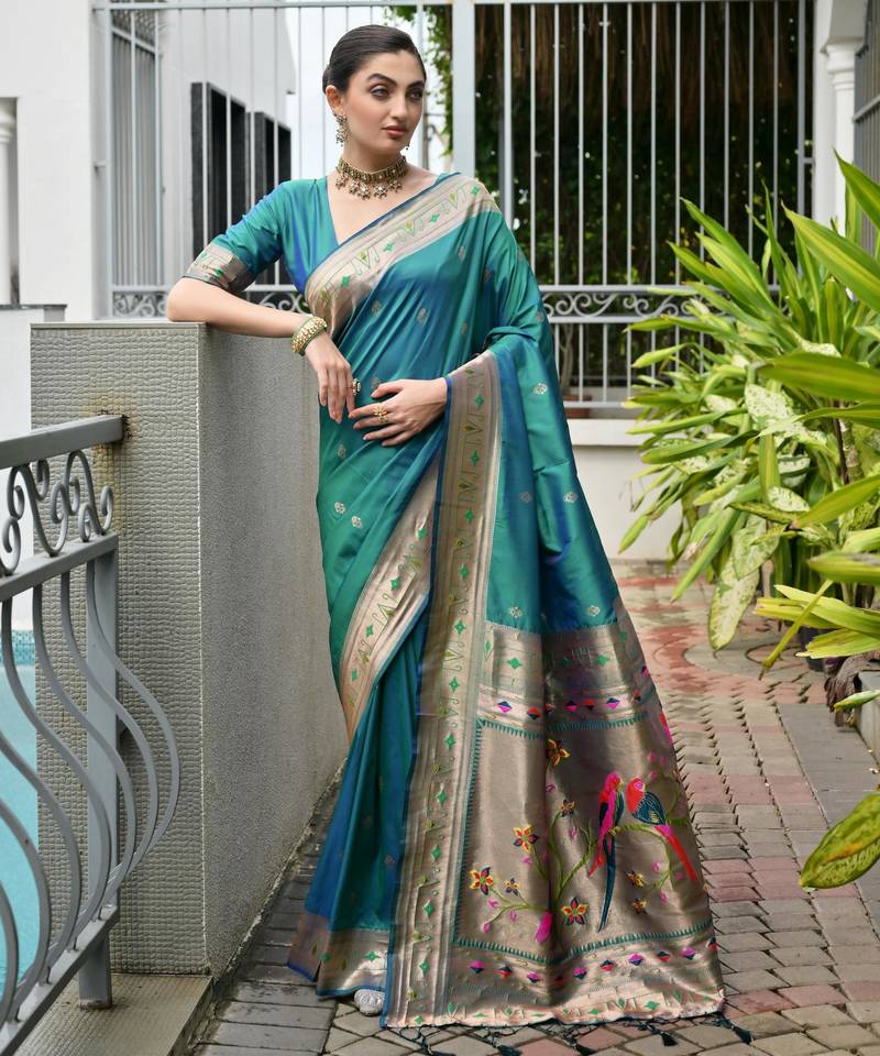 rama color banarasi silk blend fabric designer partywear saree