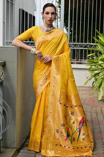 yellow color banarasi silk blend fabric designer partywear saree